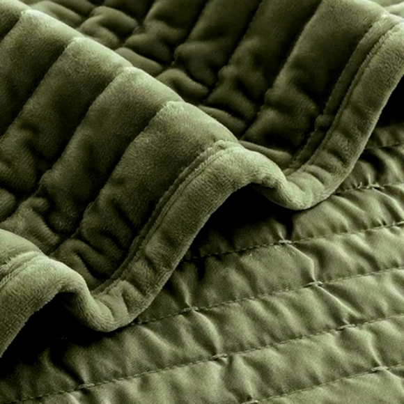 Queen Size Army Green Striped Velvet Quilted Coverlet Bedspread Shams Quilt Set - Picture 4 of 14